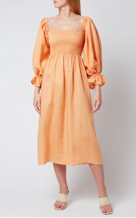Sleeper Dresses & Skirts - Sleeper smocked linen atlanta midi dress coral